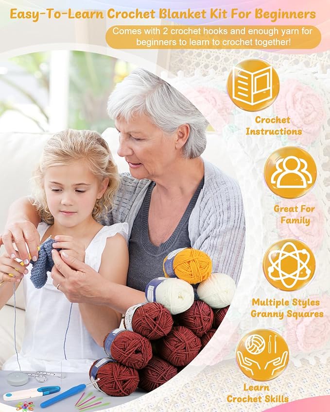 Coopay Crochet Kit Beginners for Blanket, Granny Squares Crochet Blanket Kit with Instructions & Enough Yarn, Complete Crocheting Starter Set Easy Learn to Knitting Blanket for Adults (Roman Red)