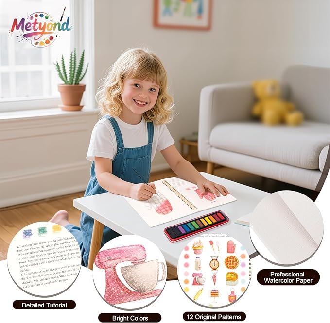 Metyond Beginner Watercolor Workbook Kit - Watercolor Painting Kit with 1 Workbook 12 Colors Paint Set with Brush, Beginner Friendly Watercolor Paint Set Gift for Adults Teens (Baking)