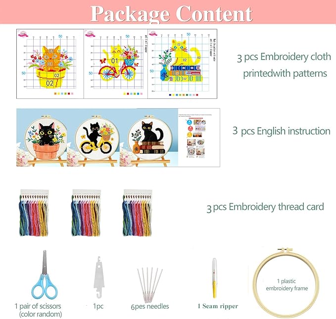 Zhenqing 3-Piece Black Cat Cross Stitch Kit for Beginners - Complete Set with Pre-Printed 11CT 24x24cm Fabric, Hoop, Threads & Tools (3 Adorable Cat Designs)(70403)