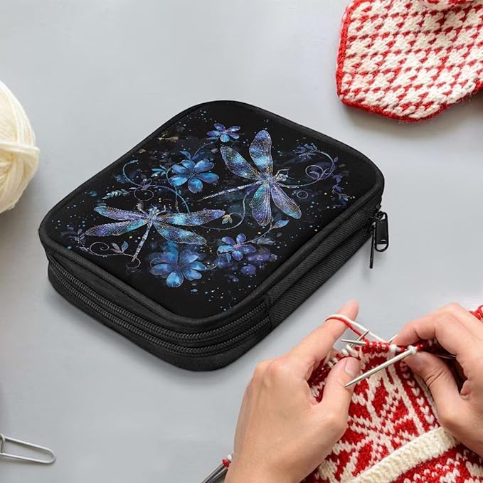 Hechitok Dragonfly Flower Empty Crochet Hook Case Portable Travel Crochet Storage Bag Organizer Zipper Bags with Web Pocket and Crochet Holder Slots for Crochet Knitting Accessories