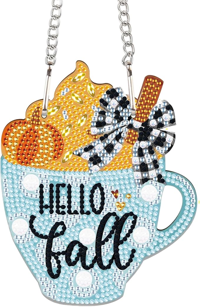 AiYuanzsh Hello Fall Diamond Painting Hanging Kit, 5D DIY Cup Shaped Ornament, Crystal Rhinestone Diamond Art Pendant for Window, Door or Wall Decoration, Thanksgiving Autumn Home Décor Craft Gift