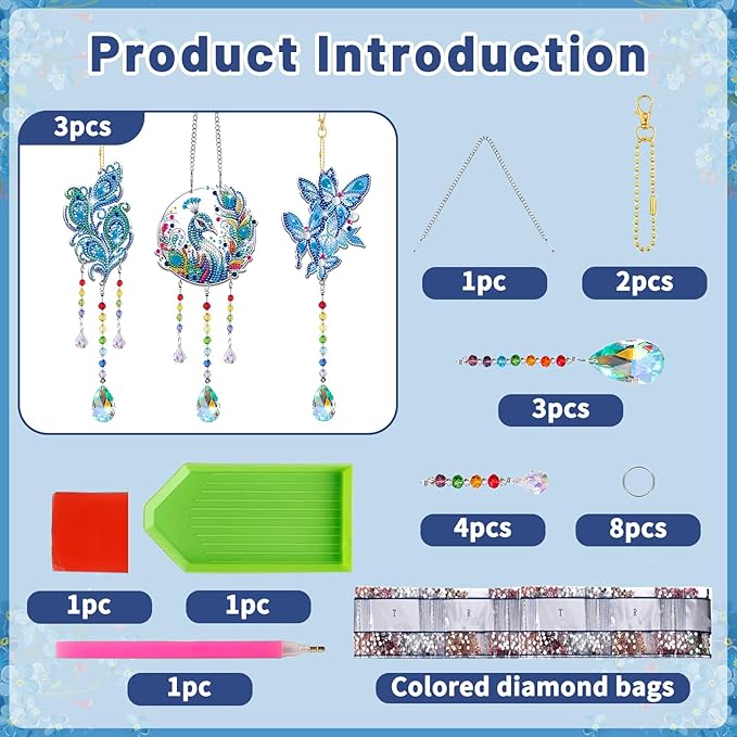Arts and Crafts for Girls Ages 6-12, DIY Diamond Painting Kits for Kids Teens Adults, Birthday Gifts for 6 7 8 9 10 11 12 Year Old Girls, Peacock Butterfly Feather Wind Chimes for Home Garden Decor