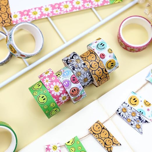 12 Rolls Smile Face Washi Tape Set, Cute Flower Decorative Tape, Colorful Cartoon Masking Tape for Journaling Supplies, Junk Journal, Scrapbooking, DIY Arts & Crafts Supplies