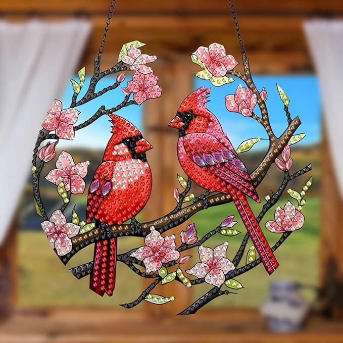 Generic DIY Hanging Diamond Pendant Special Shaped Crystal Diamond Art Painting Ornament Single Sided for Window Home Garden Wall Door Decor-Cardinal