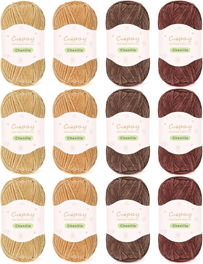 Coopay Skinny Chenille Yarn for Crocheting and Knitting, 12 Pack of 50g/1.76oz - 1764yd Total, Soft Velvet Yarn of Baby Weights - Suitable for Baby Blankets, Plush Toys - Super Soft (Brown Gradient)