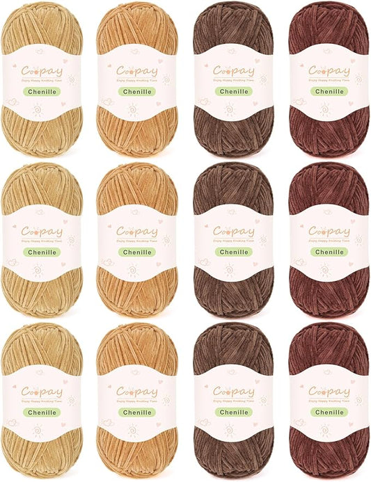 Coopay Skinny Chenille Yarn for Crocheting and Knitting, 12 Pack of 50g/1.76oz - 1764yd Total, Soft Velvet Yarn of Baby Weights - Suitable for Baby Blankets, Plush Toys - Super Soft (Brown Gradient)