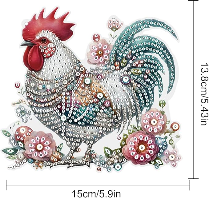 5D DIY Diamond Painting Pendant Kit – Rooster with Floral Design, Handmade Acrylic Diamond Art Hanging Ornament for Wall Window Home Decoration and Gift