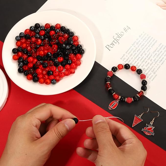 3000PCS+ Game Day Beads for Bracelets Making Red Black Clay Heishi Beads Pearl Acrylic Letter Bead Enamel Football Charms for Bracelet Earrings Necklace Making DIY Game Day Accessories (Red Black)