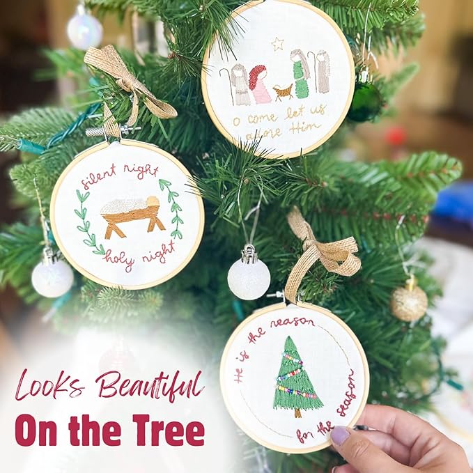 elly & grace christian embroidery kit with embroidery hoop, easy embroidery kit for beginners and adults, full embroidery hoop kit with needles and thread included (silent night)