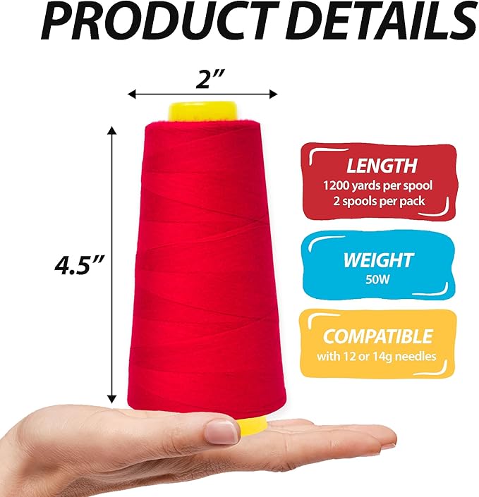 Mandala Crafts Red Thread Cones for Machine and Hand Quilting - 2400 Yds 50 WT Multiple Purpose Mercerized 100% Cotton Threads for Sewing Machine Serger Embroidery