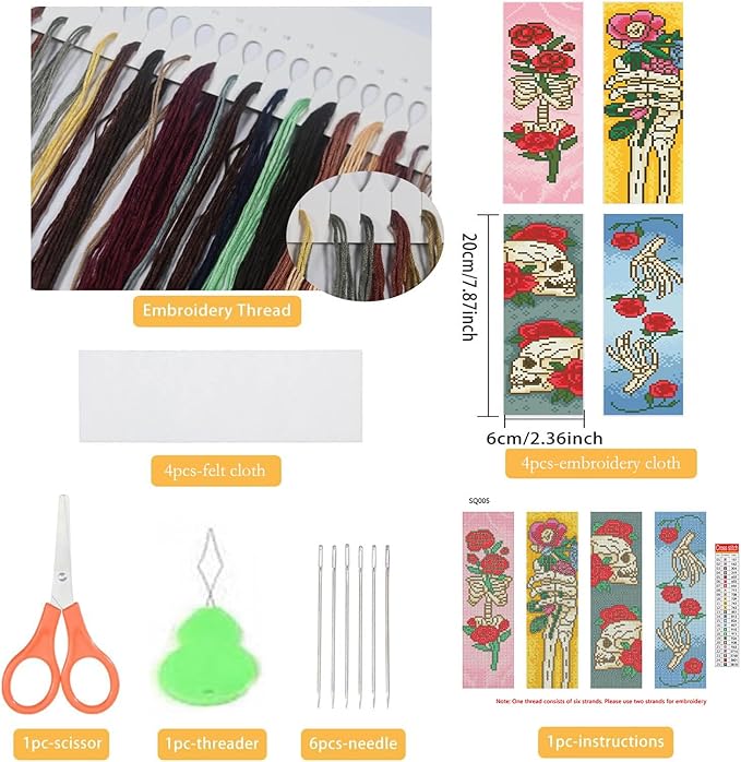 NEGEKFKX 4 Pcs Skeleton Cross Stitch Bookmark Kit for Adult Beginners,Skull Flower Cross Stitch Kits 14 CT DIY Cross Stitch Kits Adult Stamped Bookmark Embroidery Bookmarks Kit