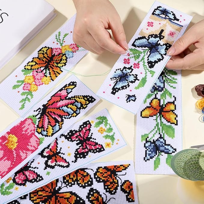 ORIGACH 6 Pcs Cross Stitch Bookmark Kit for Beginner Adults, Butterflies and Flowers Stamped Embroidery Bookmark Kit with Instruction for Starters Printed Cross Stitch DIY Kits for Book Lovers