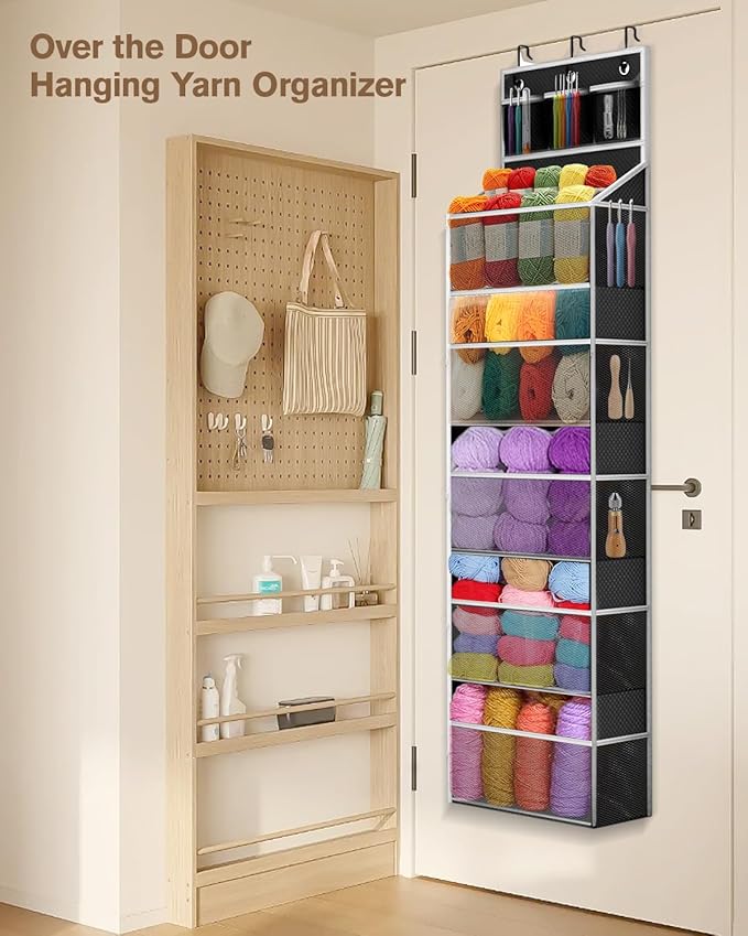 Hanging Yarn Storage Organizer, Large Capacity Knitting Yarn Organizer Storage with 5 Deep Pockets 13 Mesh Bags, Over The Door Yarn Holder for Knitting Needles Crochet Hooks, Black