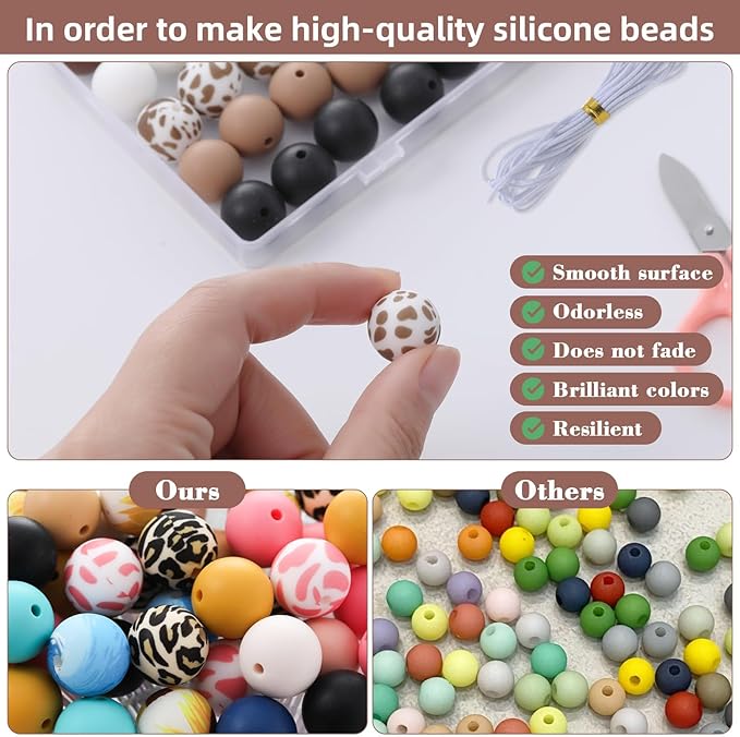 96Pcs Silicone Beads for Bracelets with 4Pcs Wooden Bead and Elastic 2 Strings,15mm Silicone Beads Bulk Petal Bracelet Making Kit Focal Bead for Pens Keychain Making Kit