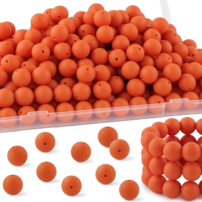 150Pcs 15mm Silicone Beads for Keychain Making Bracelet Necklace, Bulk Round Silicone Beads for Pens(Dark Orange)