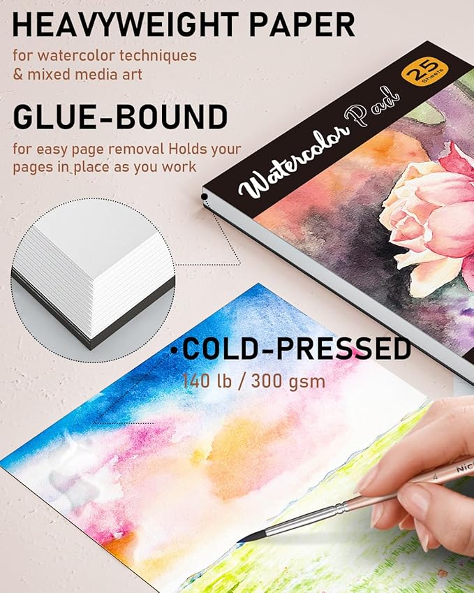 nicpro 168 colors watercolor paint set include metallic macaron candy fluorescent, 8 synthetic squirrel painting brushes, 25 water color paper, palette, art supplies kit for artist adult beginner with box