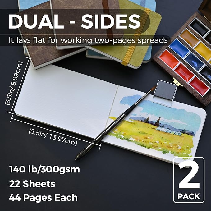 Funto Watercolor Paper Journal 2-Pack, 3.5x5.5, 44 Pages Each, 100% Cotton Cold Press, PU Leather Blue Hard Cover, Art Supplies for Mixed Media
