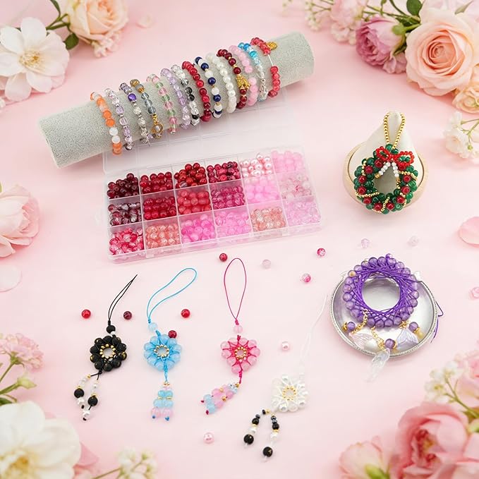 Hanyoung Valentines 8mm Glass Beads for Bracelet,18 Colors 450 pcs Red and Pink Beads for Jewelry Making kit, Crystal Glass Round Beads for DIY Crafts Gifts (Red Color)
