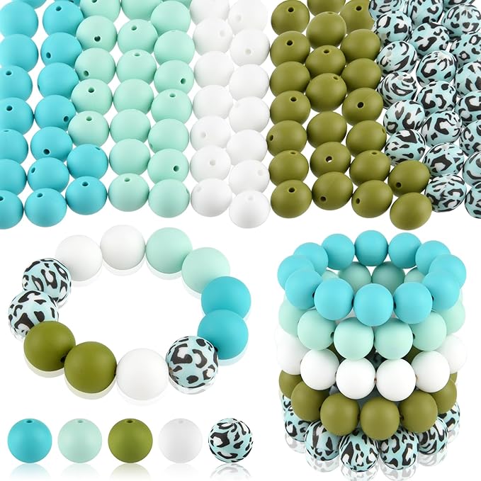 ASTARON 100 Pcs 15mm Silicone Beads for Keychain Making, Cyan Blue White Silicone Beads Bulk Round Beads for Bracelets Pens Crafts Supplies