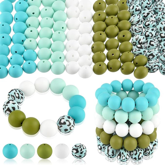 ASTARON 100 Pcs 15mm Silicone Beads for Keychain Making, Cyan Blue White Silicone Beads Bulk Round Beads for Bracelets Pens Crafts Supplies