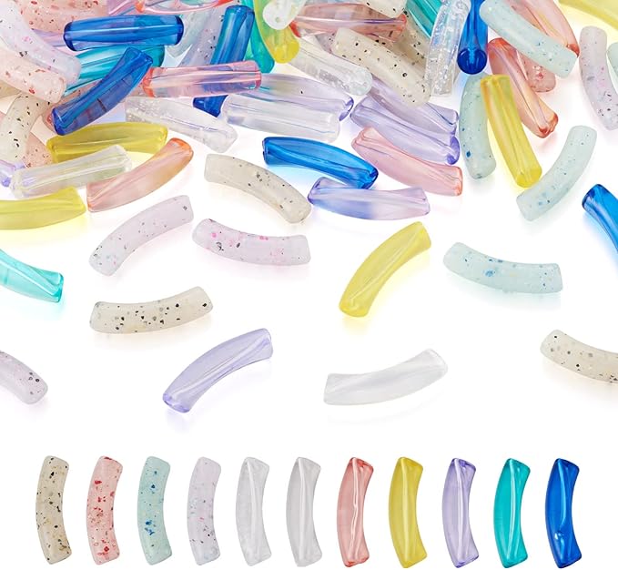 Crafans 110Pcs Transparent Acrylic Tube Beads 11 Style Long Noodle Tube Beads Curved Tube Beads Bamboo Tube Beads for Bamboo Bangles Bracelet Tube Beads Jewelry Making
