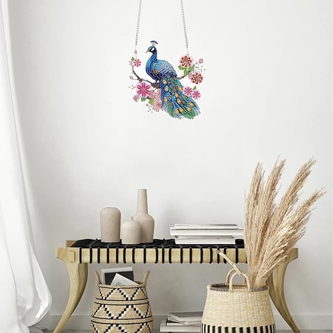 TDFERAN Diamond Painting Pendant Peacock Mosaic Making Kits by Kits Home Decoration Pendant Diamond Art Hanging Sign Onament Art Wind Chimes Hanging Pendants for Wall Home Decor Tabletop Decoration
