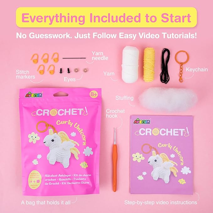 Avenir Beginner Crochet Kit for Adults & Teens - Small Portable Animals Kit with Keychain, Complete Supplies & Video Tutorials, Perfect Arts & Crafts Gift for Women & Girls (Curly Unicorn)