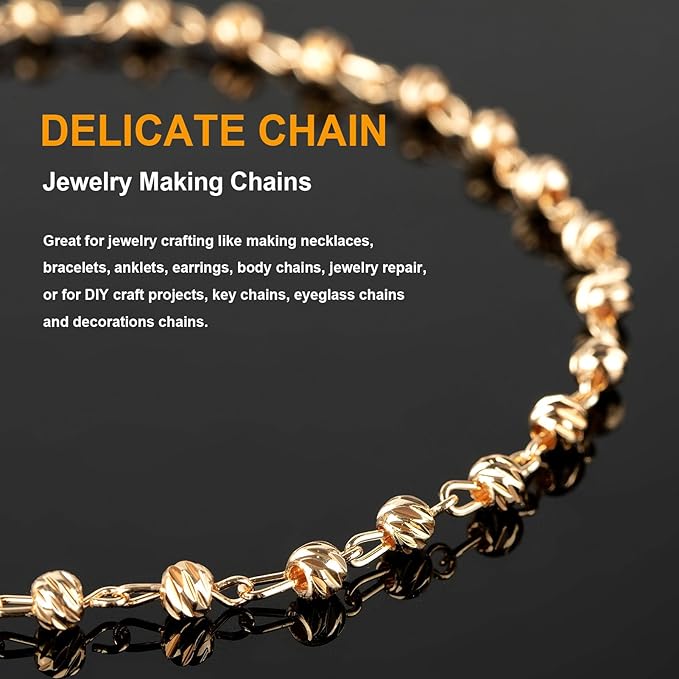 KYUNHOO Gold Plated Brass Chain Bulk on Spool 3 Meters Sparkle Faceted Beaded Rosary Chains for Necklace Bracelet Making DIY Handcraft Finding Supplies with Lobster Clasps and Jump Rings