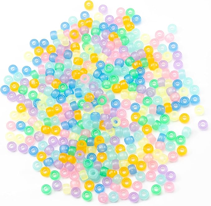 Gxueshan 1000 Pcs Acrylic 9 Color Pony Beads 6x9mm Bulk Glow in The Dark for Necklace, Friendship Bracelet Making, Hair Braids Kandi