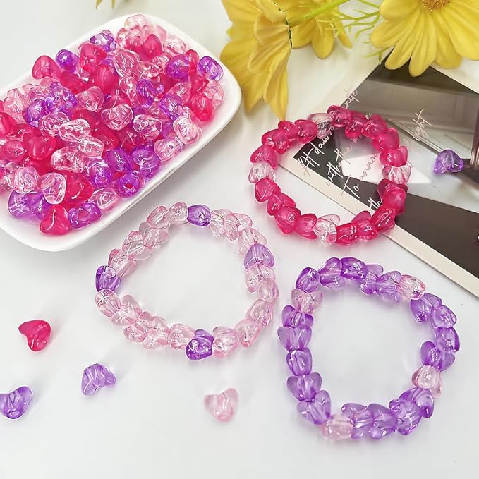 MIIIM 500 Pcs Clear Purple Pink Heart Pony Beads Shapes for Friendship Bracelet, Large Hole Kandi Beads for Hair Braids, Jewelry Making (Clear Purple Pink)