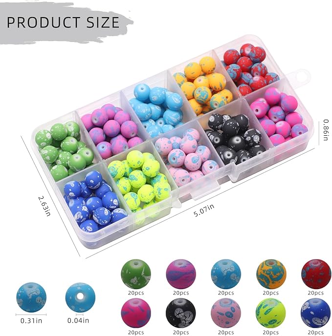 200pcs Beads for Jewelry Making, Colorful Glass Beads for Bracelets - 8mm in 10 Colors, Cute Jewelry Making Beads for DIY Charms Bracelet Necklace Earring Supplies