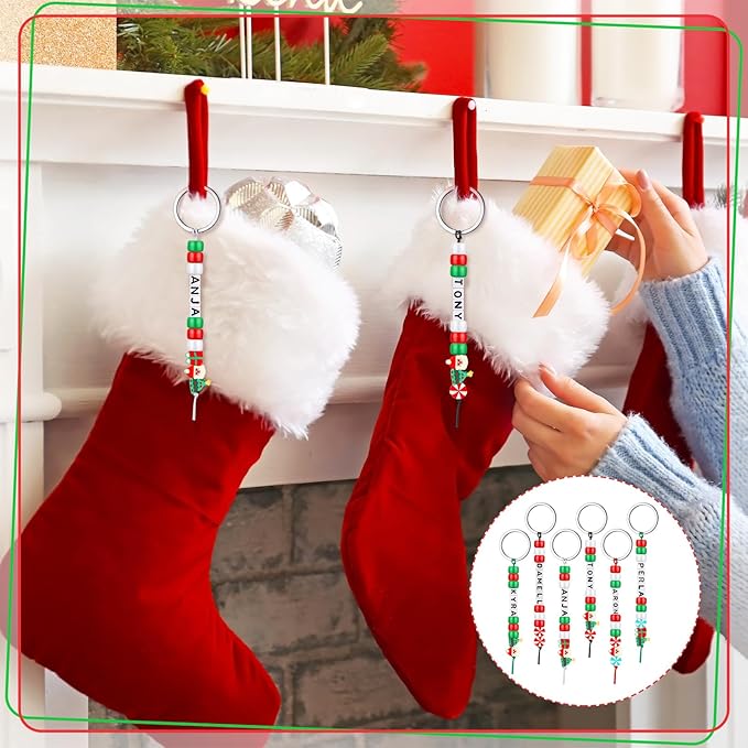 Landical 564 Pcs Christmas Bead Keychain Making Kit DIY Name Bead Key Chain Craft Xmas Bag Charm Letter Alphabet Candy Cane Santa for Xmas Gift Jewelry Key Ring Backpack Accessories(Sweet Color)