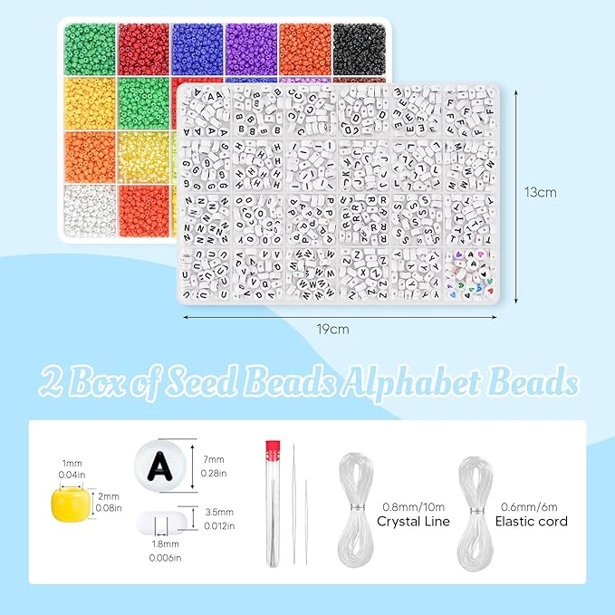 Dowsabel 24 Colors Friendship Bracelet Kit, 10000 Pcs 3mm Glass Seed Beads for Bracelets Making Kit with Letter Alphabet Beads A-Z, 8/0 Craft Bead for Jewelry Making with Needle Cord
