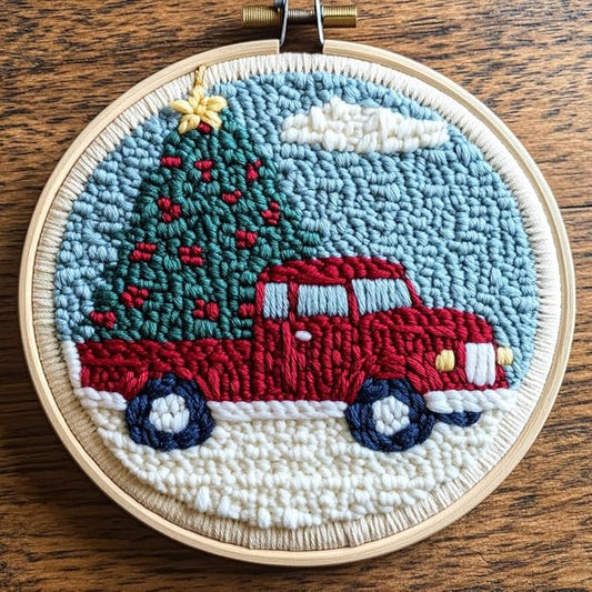DIY Punch Needle Kits for Beginners Christmas Truck with Christmas Tree with Hoop Embroidery Punch Needle Starter Craft Set Easy for Adults and Children Festival Gift and Decoration 20x20cm-2