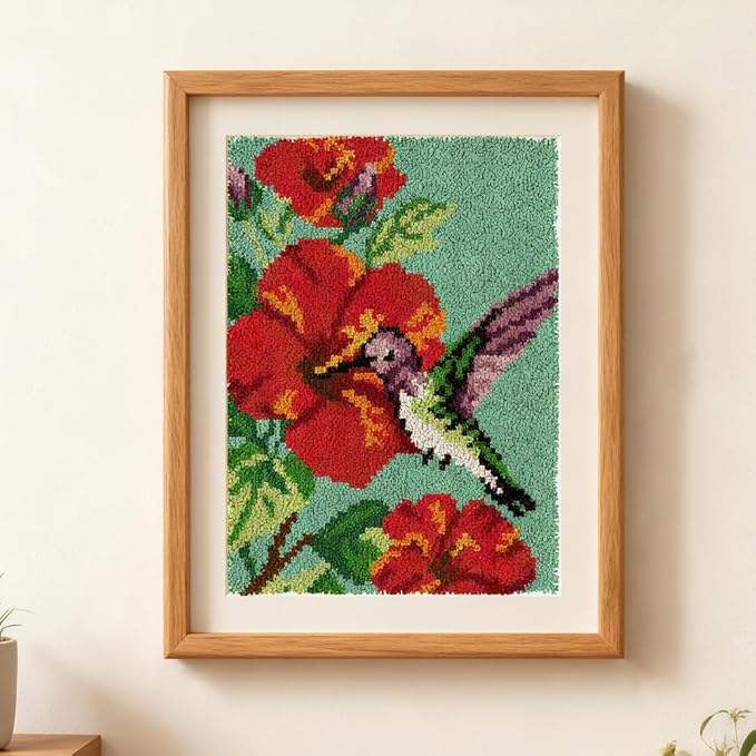 ORIGACH Hummingbird Latch Hook Rug Kit for Adults Printed Rug Making Kit Handmade Carpet Tapestry Cover with Hook Latch and Preprinted Canvas, Home Arts Crafts Sofa Decor, 20.5x15inch