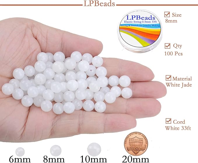LPBeads 100pcs Polished 8mm Round Natural White Jade Gemstone Loose Beads with Stretch Cord for Jewelry Making Bracelets