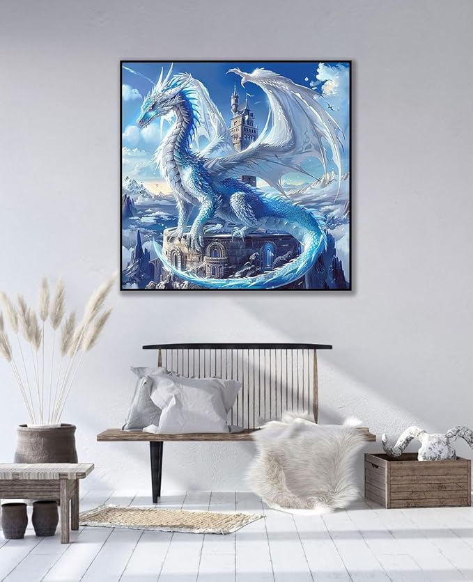 5D Ice Dragon Diamond Art Kits for Adults Beginners, DIY 5D Full Round Drill Diamond Painting Kits Sky King, Paint by Diamonds Dot Gem Art Crystal White Dragon Easy,Home Wall Decor 13.7 X 13.7 Inch