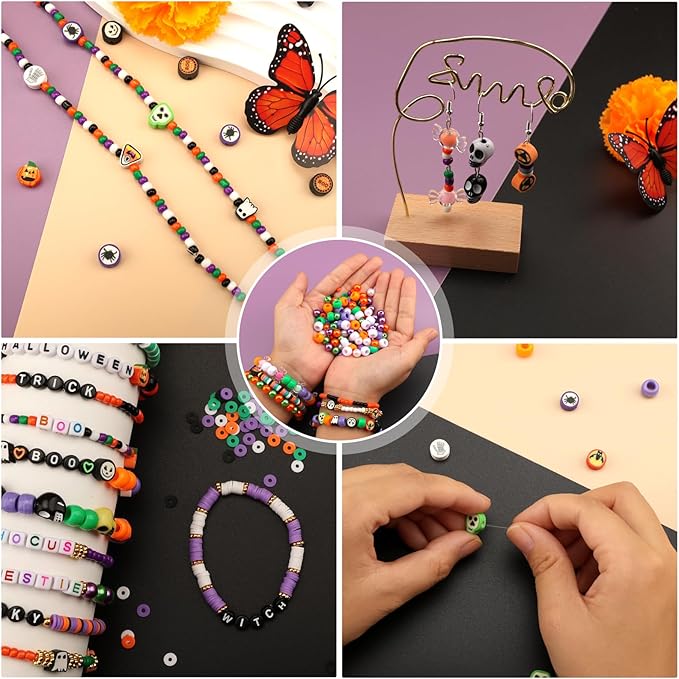 3010 Pieces Halloween Bracelet Making Kit, Assorted Halloween Bead Polymer Clay Beads Skull Beads Glasses Pearl Bead for Necklace Jewelry Making DIY Crafts