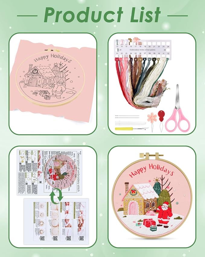 ERKOON Christmas Embroidery Kit for Beginners, Cross Stitch Set for Include Embroidery Cloth Hoops Threads for Craft Lover Hand Stitch with Embroidery Skill Techniques (Santa Claus)