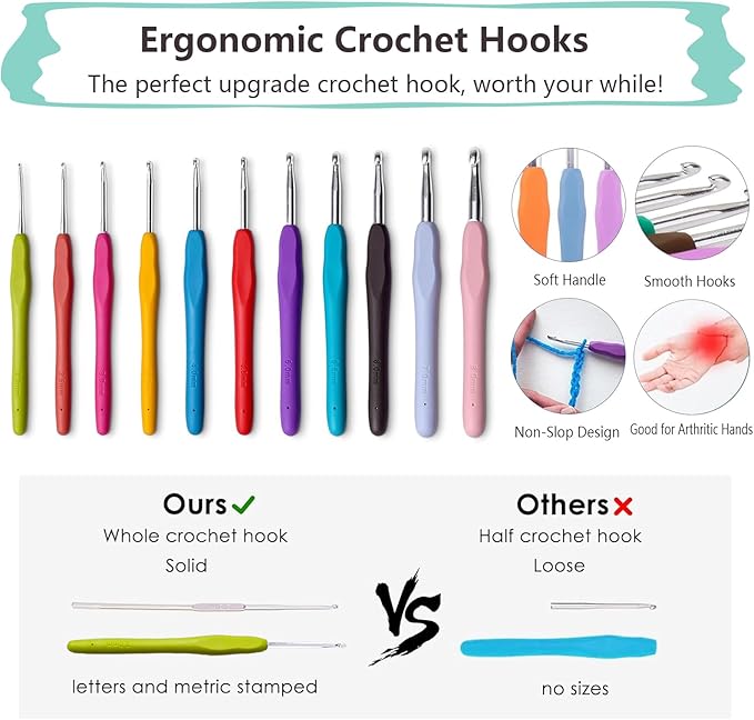 Buylorco Crochet Hooks 11 Size Crochet Hook Set with Soft Handle and Case Crochet Needle Kit for Beginners Knitting Needle Kit Yarn Crochet Kit 2mm(B) to 8mm(L)