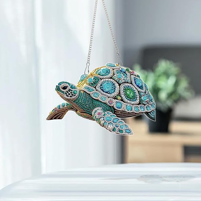 DIY Diamond Painting Sea Turtle Hanging Ornament Kit – 5D Crystal Turtle Wall Art Craft with Chain – Ocean Animal Rhinestone Suncatcher Decoration for Home Window Door Balcony Gift Idea