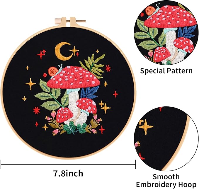Nuberlic 3 Pack Embroidery Kit for Adults Beginners, Stamped Cross Stitch Mushroom Patterns with Hoop, Thread, Needles & Step-by-Step Guide Easy DIY Starter Kit