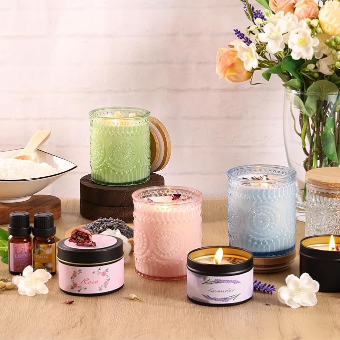 DARJEN Candle Making Kits - Soy Candles Making Supplies for Adults Including 4 Candle Jars(Clear, Pink, Blue, Green), Candle Tins, Wax, Scents, Dried Flower & More, DIY Arts & Crafts Kits Home Decor