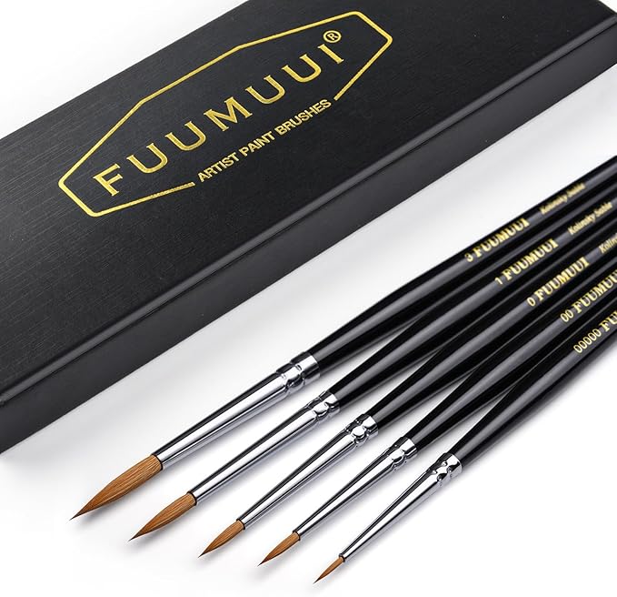 Kolinsky Sable Miniature Watercolor Brushes, Fuumuui 5pcs Professional Small Detail Paint Brushes for Watercolor Gouache Ink and More - Round #00000, #00, #0, #1, #3
