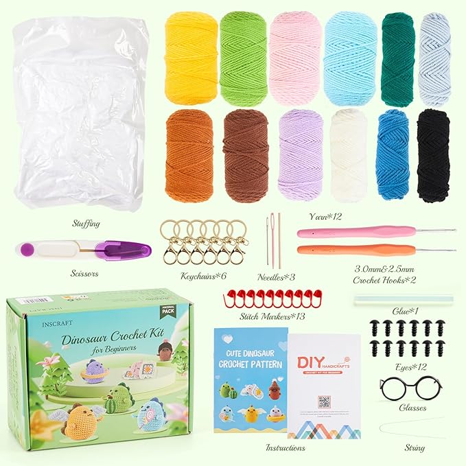 INSCRAFT Crochet Kit for Beginners, 6 Pack Dinosaurs Crochet Animal Kit,Starter Kit with Step-by-Step Video Tutorials, Learn to Crochet Kits for Adults, DIY Knitting Craft Supplies Gift