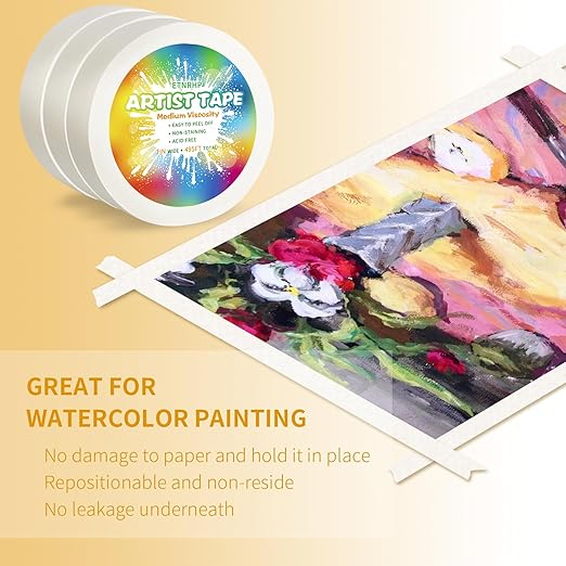 3 Packs White Art Tape Medium Tack Artist Masking Tape Paper Acid Free Tape Watercolor Painters Tape Artists Tape for Drafting Art Watercolor Painting Canvas Framing, 1 inch Wide 495FT Long