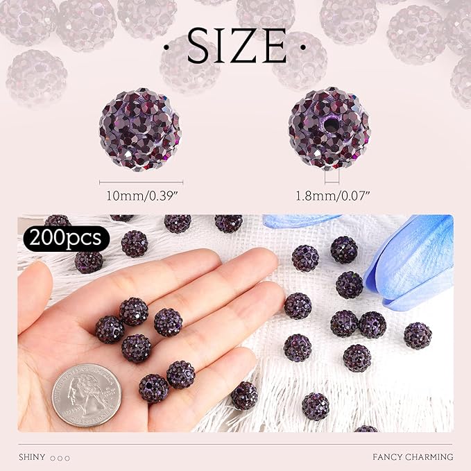 200pcs 10mm Dark Purple Rhinestone Beads for Jewelry Making, Shiny Round Shamballa Disco Ball Beads, Sparkle Crystal Clay Christmas for Bracelet Baseball Necklace Earring Crafting and DIY