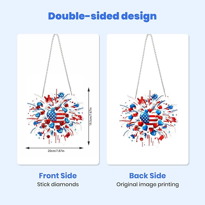 MXJSUA American Flag Fireworks Diamond Painting Art Window Suncatchers, Diamond Art Kits for Adults Hanging Ornaments with Chain, 5D Special Shape Crystal Diamond Pendant Accessories for Decor Gift