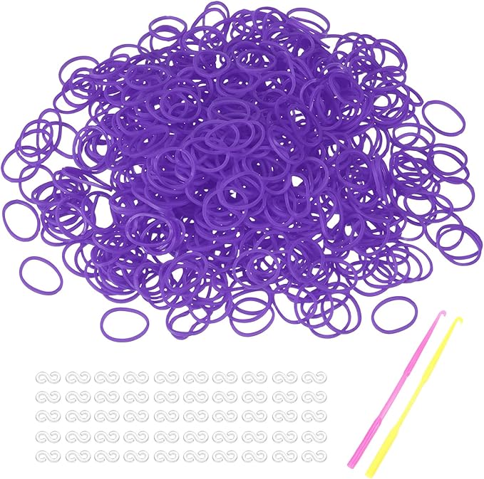 MECCANIXITY 1200 Pcs Loom Rubber Bands Kit with 50 Pcs S-Clips 2-Hooks Rubber Bands Refill Bracelet Making Kits for Weaving DIY Handcrafts Gift, Purple