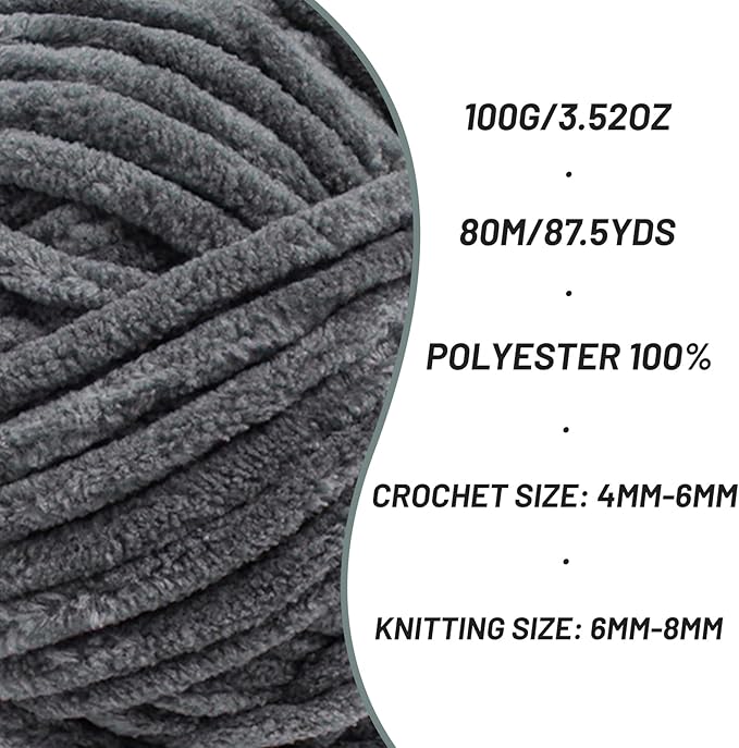 2 Pack Chunky Chenille Yarn for Crocheting, Baby Yarn for Crocheting Soft Blanket, 174.9 yds /7 oz Crochet Yarn, Bulky 5 Amigurumi Yarns, Fluffy Velvet Yarns for Knitting Crafts (2 Dark Gray)